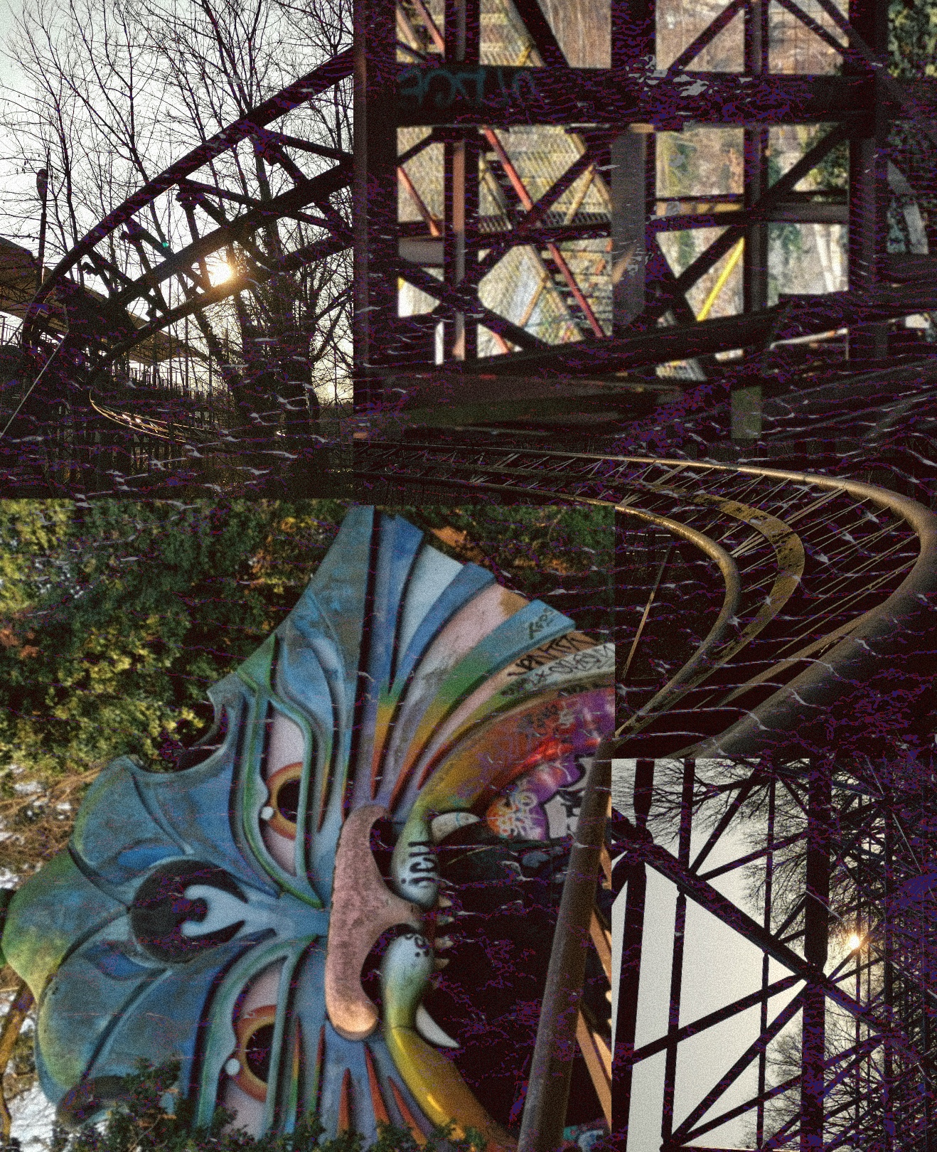 a collage of photos from Spreepark including the rollercoaster and rainbow painted tiger